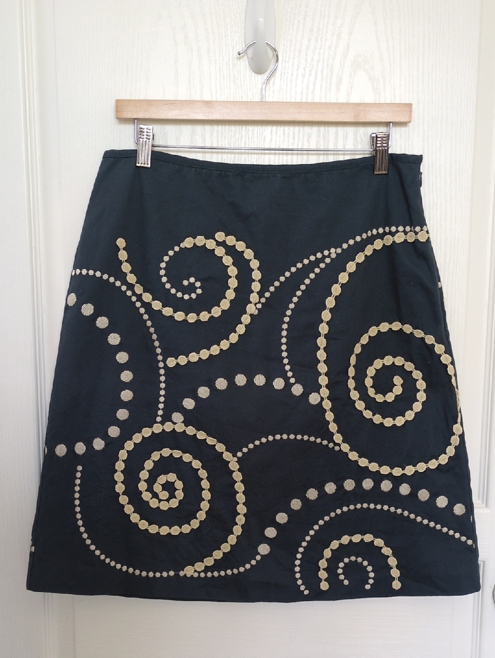 Boden A-Line Skirt in Black with Cream Spiral Embroidery